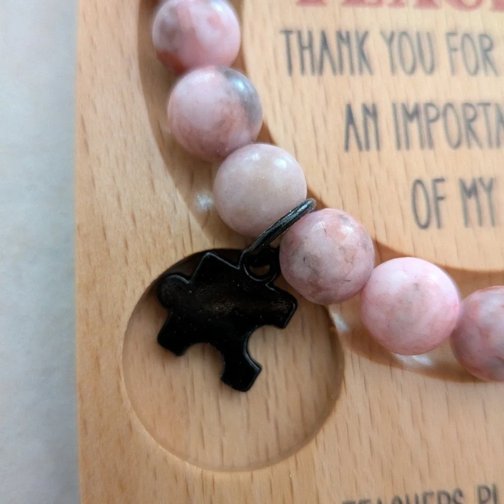 Teacher Appreciation Natural Pink Stone‎ Beaded Bracelet with Puzzle Piece Charm